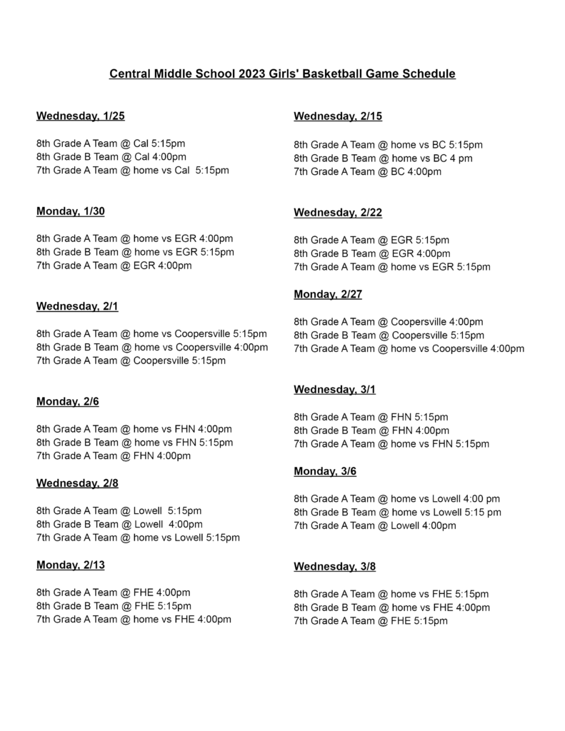 2023 Girls' Basketball Game Schedule Central Middle News, CMS