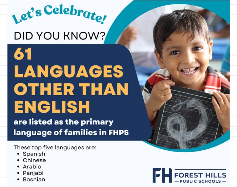 Young boy with black hair holding a book cover and the image graphics says: Let's Celebrate. Did you know? 61 languages other than English are listed as the primary language of families in FHPS. The top five languages are Spanish, Chinese, Arabic, Panjabi and Bosnian