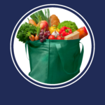 a bag of groceries with fruits, veggies, and bread