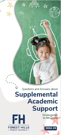 Supplemental Academic Services brochure picture with a young girl standing in front of a chalkboard with an outline of an astronaut behind her.