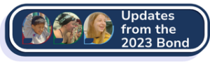 A boy on the playground, a girl sitting on the side of a pool, and another girl smiling with the hyperlink to Updates from the 2023 bond page